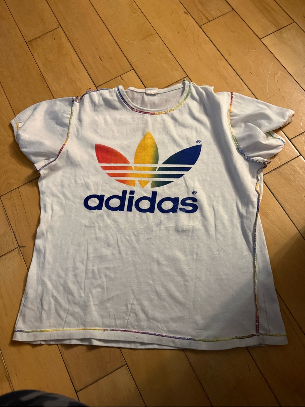 adidas White Tee with Rainbow Trefoil and Blue Logo